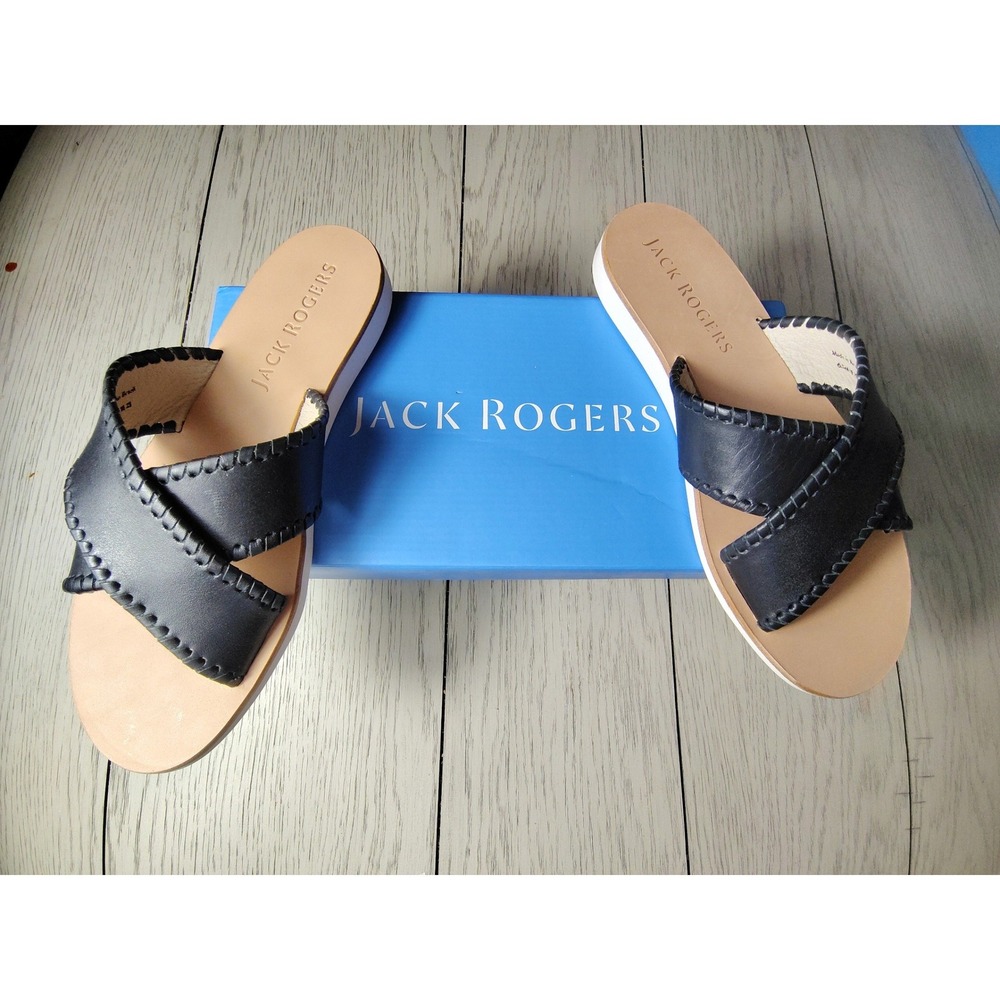 Jack Rogers Sloane X Band Boating Sandal Navy Blue Leather Whipstitch 6.5M